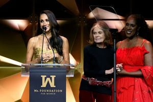 NEW YORK, NEW YORK - MAY 16: Woman of Vision Meghan, The Duchess of Sussex speaks onstage with Gloria Steinem and Teresa Younger during the Ms. Foundation Women of Vision Awards: Celebrating Generations of Progress & Power at Ziegfeld Ballroom on May 16, 2023 in New York City. (Photo by Kevin Mazur/Getty Images Ms. Foundation for Women)