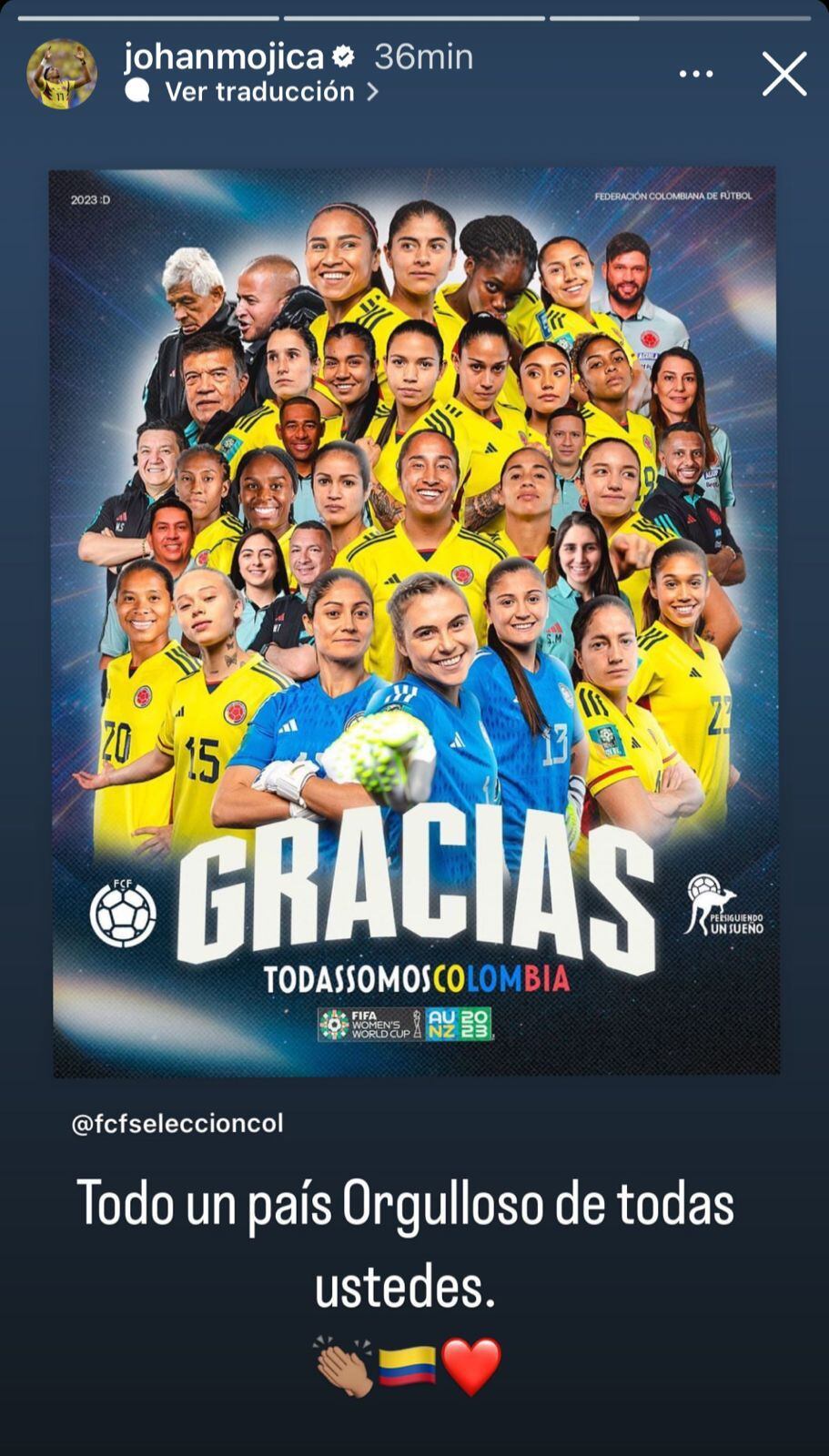 Johan Mojica agradeció a la selección Colombia femenina