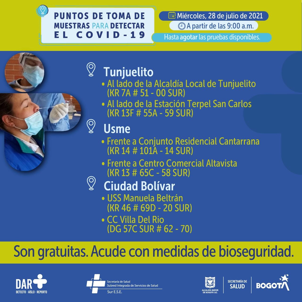Pruebas gratis de covid 19 para hoy 28 de julio en Bogotá, estos son los puntos de atención