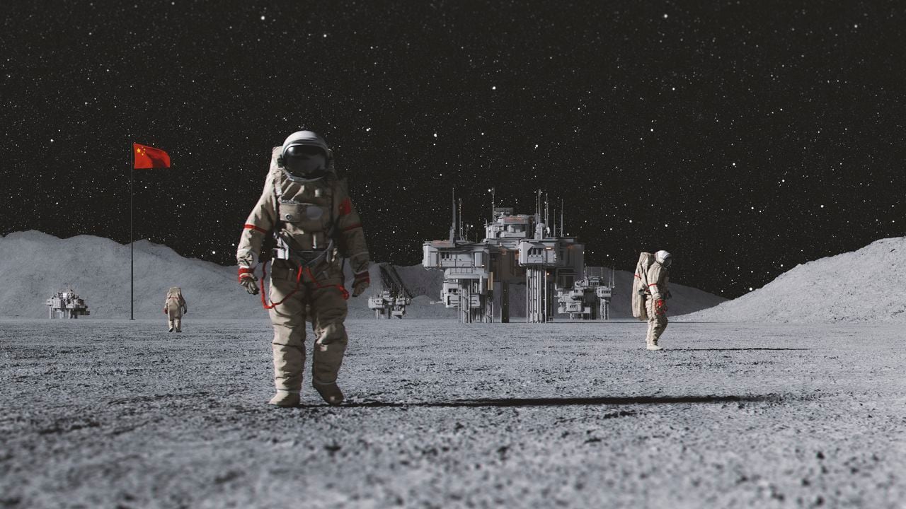 Ilustración de astronautas chinos moviéndose por la Luna.