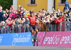 Cycling - Giro d'Italia - Stage 17 - Ponte di Legno to Lavarone, Italy - May 25, 2022 Bahrain - Victorious' Santiago Buitrago celebrates after crossing the line to win stage 17 REUTERS/Jennifer Lorenzini