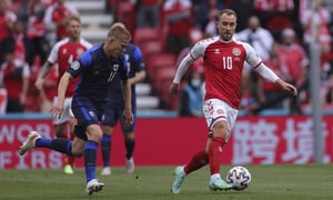 Denmark's Christian Eriksen controls the ball during the Euro 2020 soccer championship group B match between Denmark and Finland at Parken stadium in Copenhagen, Denmark, Saturday, June 12, 2021. Eriksen collapsed on the pitch and received medical assistance before being taken to hospital. (Wolfgang Rattay/Pool via AP)