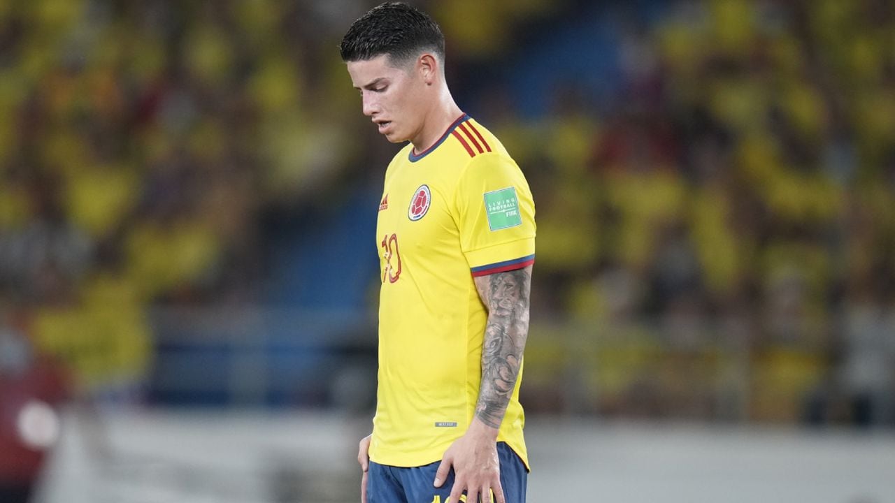 Colombia's James Rodriguez reacts during a qualifying soccer match for the FIFA World Cup Qatar 2022 against Paraguay, at Metropolitano stadium in Barranquilla, Colombia, Tuesday, Nov. 16, 2021. (AP/Fernando Vergara)