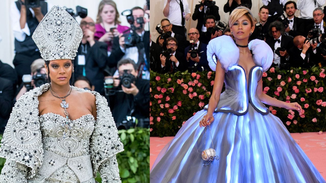 This combination of photos shows, from left, Beyonce at The Met Gala on May 4, 2015, Rihanna at the gala on May 7, 2018, Zendaya and Lady Gaga at the gala on May 6, 2019, and Kim Kardashian at the gala on Sept. 13, 2021, in New York. (AP Photo)