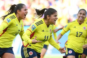 La delentera Catalina Usme festeja a rabiar el gol que le marcó a Corea del Sur, en el marco de la primera fecha del Grupo H en el Mundial femenino 2023, en Nueva Zelanda y Australia. /Foto:  FRANCK FIFE / AFP
