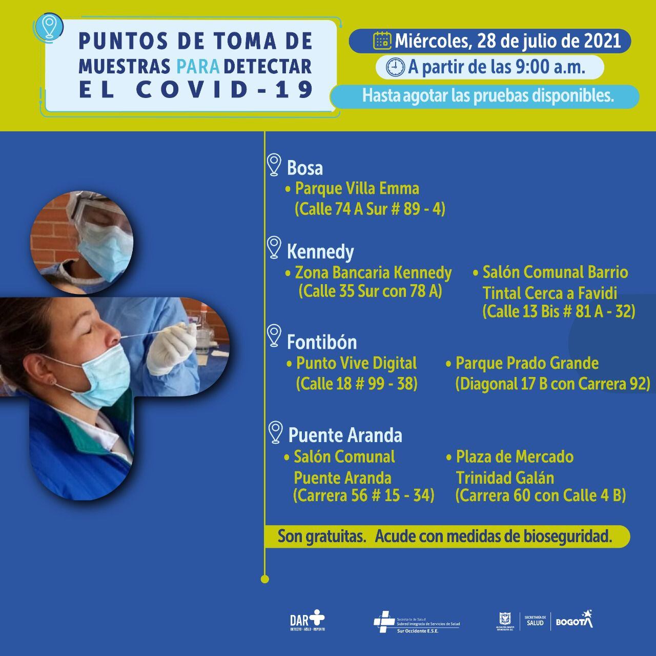 Pruebas gratis de covid 19 para hoy 28 de julio en Bogotá, estos son los puntos de atención