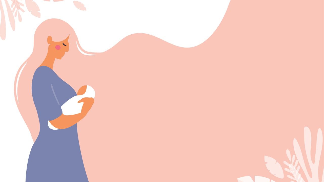 Una hermosa joven mamá sostiene a un bebé recién nacido en sus manos. Póster con espacio de copia sobre la maternidad. Ilustración de concepto de vector plano con fondo rosa.