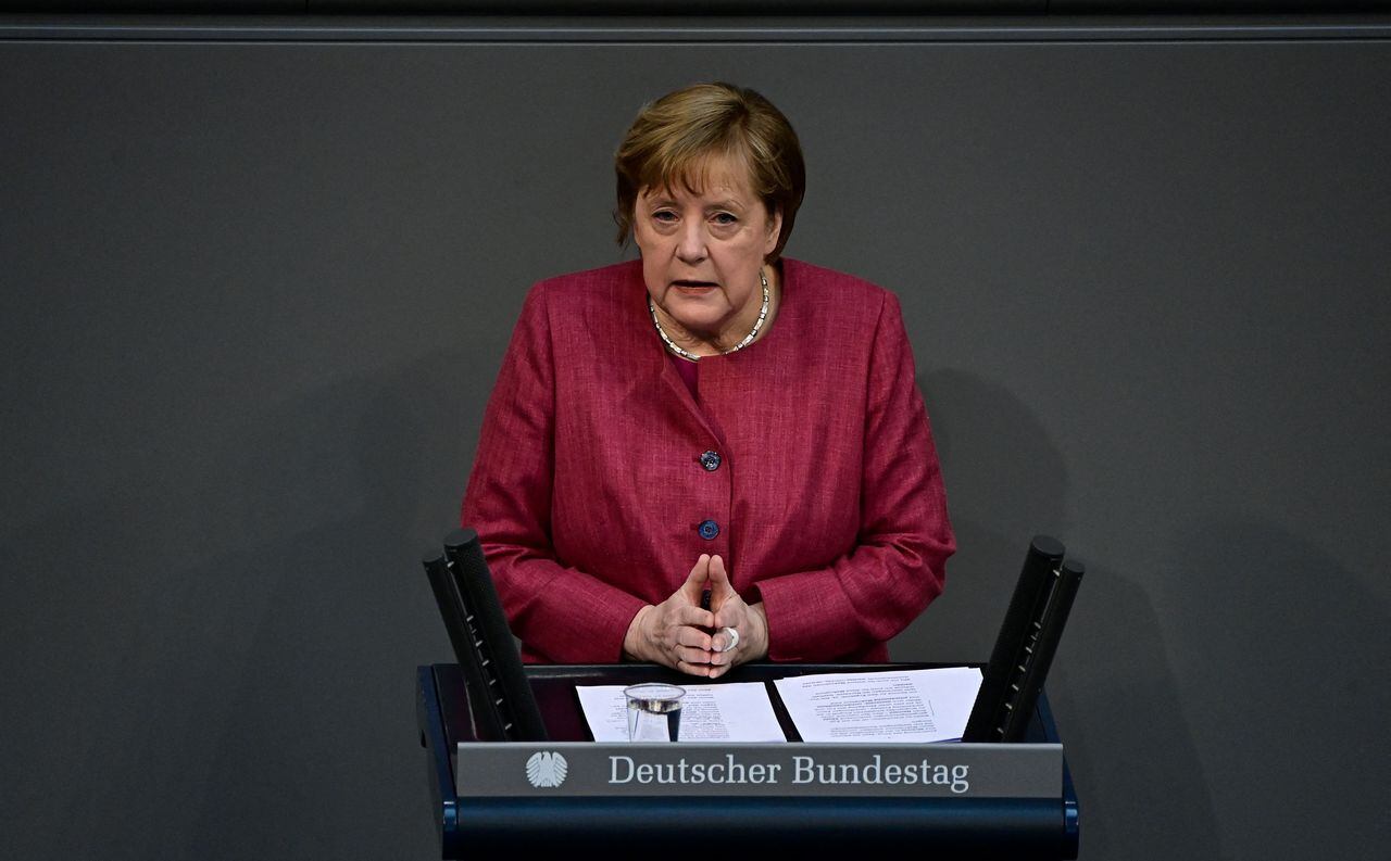 German Chancellor Angela Merkel speaks during a session of the Bundestag (lower house of parliament) on April 16, 2021 in Berlin. (Photo by Tobias SCHWARZ / AFP)