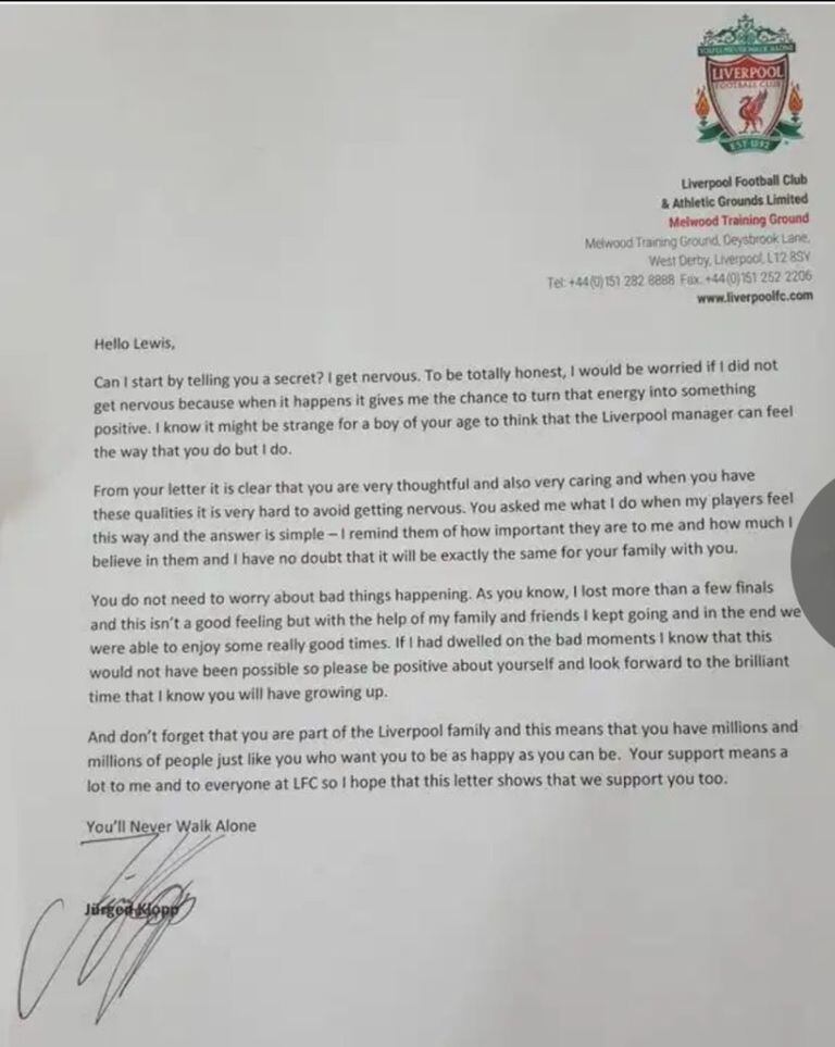 La carta de Jurgen Klopp a un joven aficionado del Liverpool que estaba nervioso por el regreso a clases.