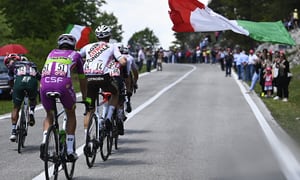 Athletes pedal during the 187-kilometer 9th stage of the Giro D'Italia cycling race from Isernia to Mt. Blockhaus, in central Italy, Sunday, May 15, 2022. (Fabio Ferrari/LaPresse via AP)