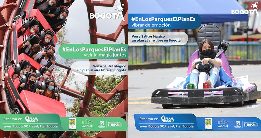 Publicidad del IDT que invita a los colombianos a venir a Bogotá y disfrutar de los parques de diversiones.