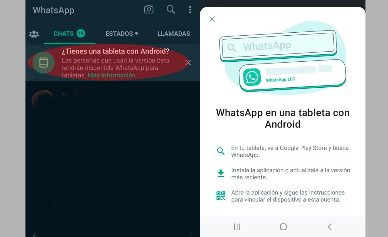 WhatsApp lanza notificación para indicar que la app se puede conectar con tablets.