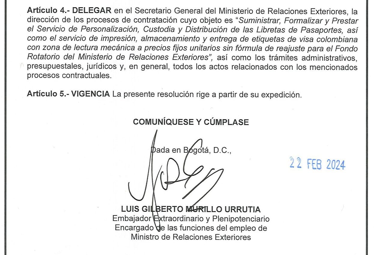 La resolución donde Luis Gilberto Murillo le entregó facultades a su exsecretario general. Este martes dijo que no las tenía.