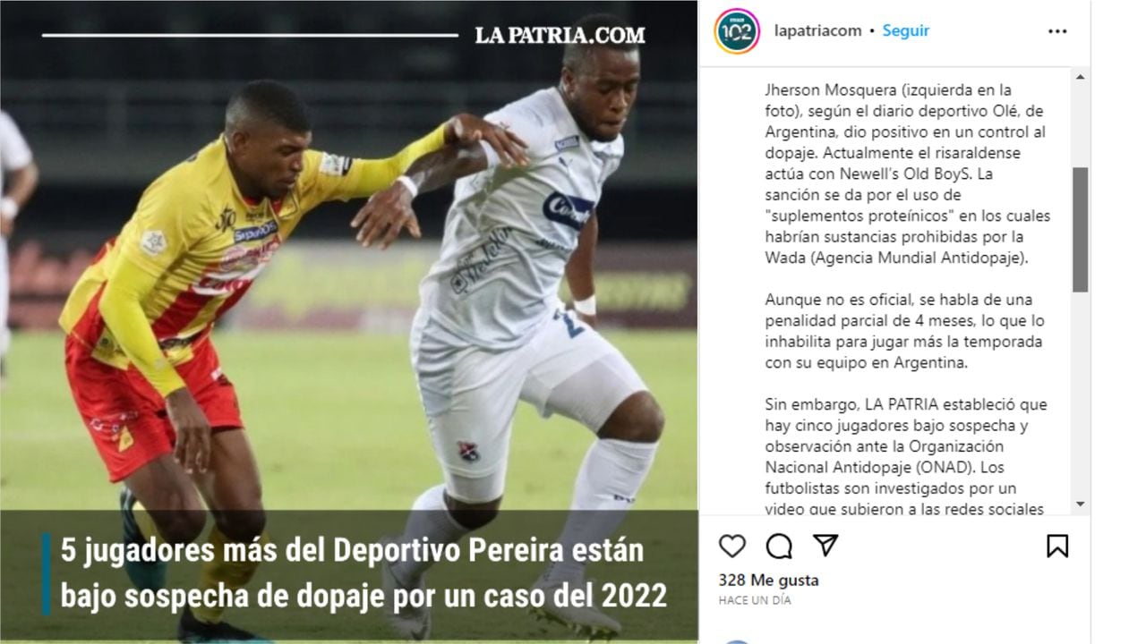 Publicación del medio La Patria mencionando que serían cinco jugadores involucrados en un posible caso de dopaje.