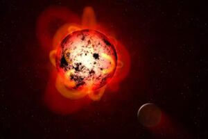 lustración de una estrella enana roja orbitada por un exoplaneta.