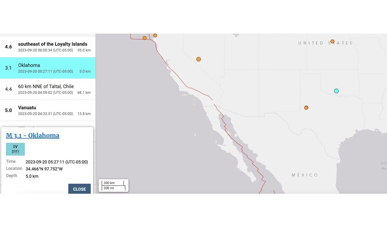 Así registró el Servicio Geológico de Estados Unidos el temblor en Oklahoma el martes 20 de septiembre de 2023
