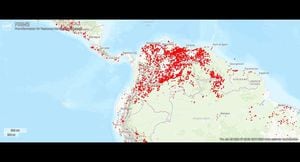 Mapa de la Nasa expone los puntos de calor en el territorio colombiano en medio de la emergencia por los incendios forestales.
