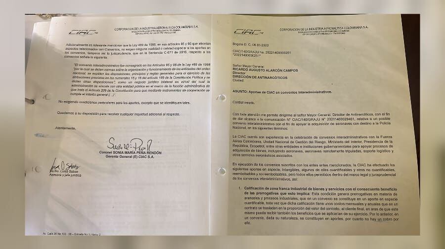 Documento del convenio entre la Policía y la CIAC, Corporación de la Industria Aeronáutica encargada de comprar el lujo avión por el cual la Contraloría advierte posible detrimento patrimonial.
