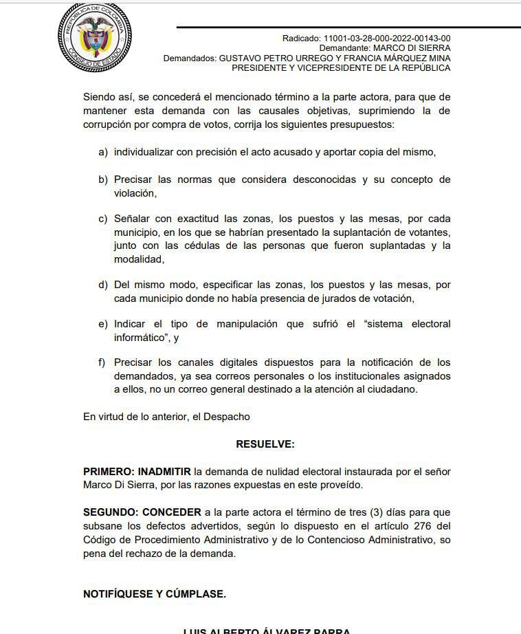 El Consejo de Estado pidió corregir la demanda contra la elección de Gustavo Petro contra Francia Márquez.