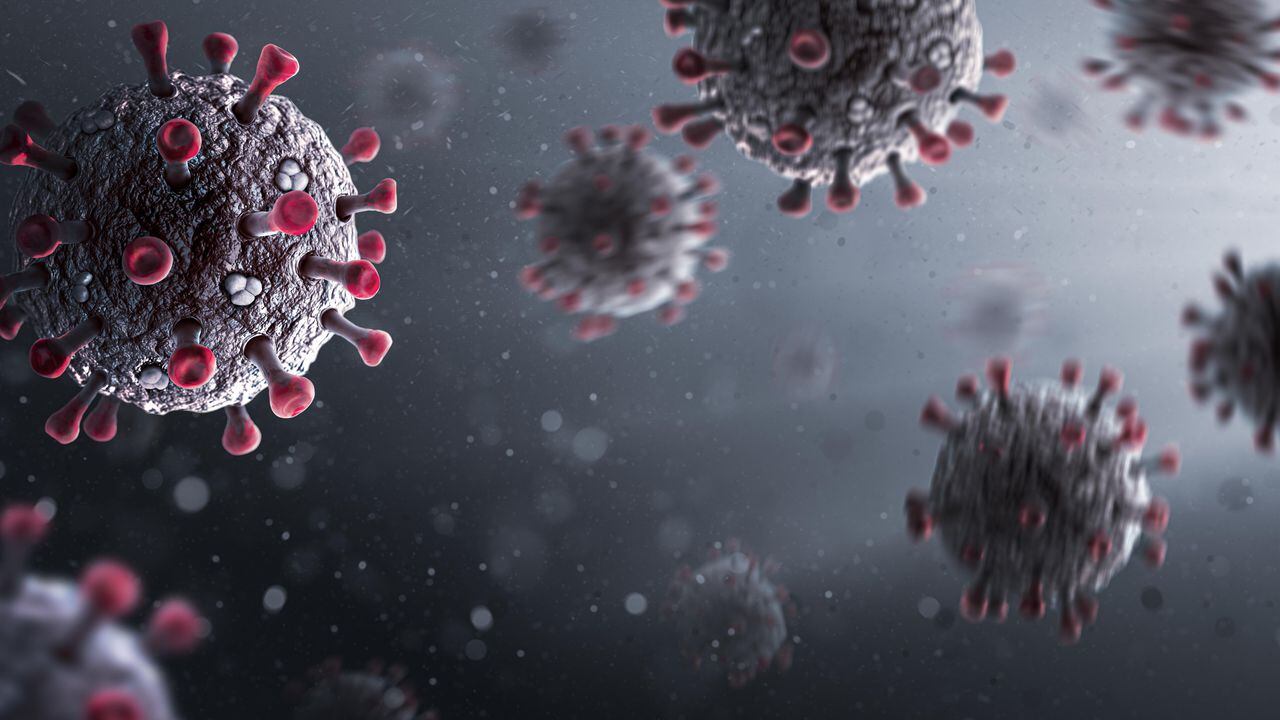 Virus. COVID-19. Representación de la estructura de la proteína de superficie. Coronavirus sobre fondo oscuro