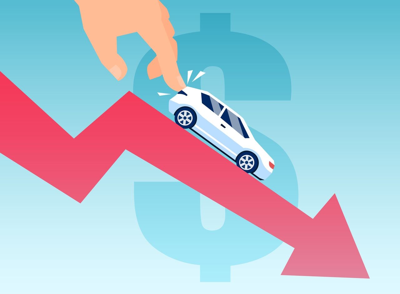 Vector of a man pushing down a car on a financial graph. Automobile depreciation concept