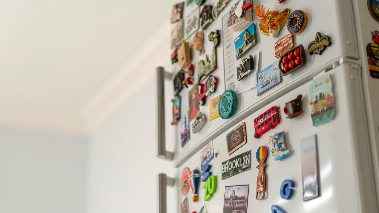 Lots of various souvenir magnets on the fridge in the kitchen