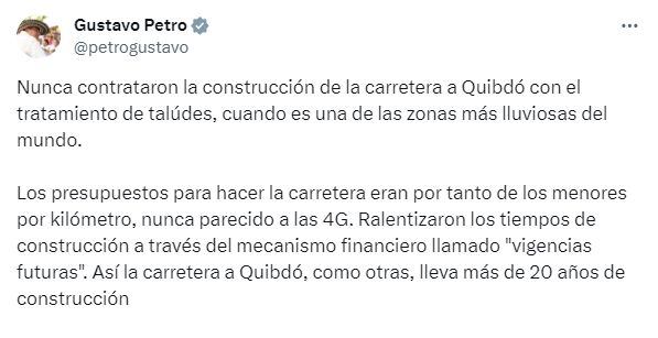 El presidente Gustavo Petro se pronunció sobre las obras de infraestructura en Colombia, luego de la tragedia en Chocó.