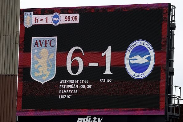 BIRMINGHAM, ENGLAND - SEPTEMBER 30: A detailed view of the scoreboard at full-time following the Premier League match between Aston Villa and Brighton & Hove Albion at Villa Park on September 30, 2023 in Birmingham, England. (Photo by Nathan Stirk/Getty Images)