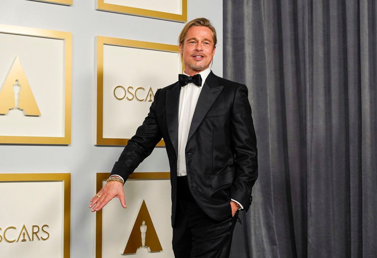 LOS ANGELES, CALIFORNIA - APRIL 25: Brad Pitt poses in the press room at the Oscars on Sunday, April 25, 2021, at Union Station in Los Angeles. (Photo by Chris Pizzello-Pool/Getty Images)