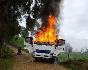 Vehículo incinerado en Antioquia durante el paro armado del Clan del Golfo.