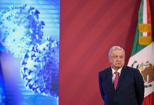 (FILES) In this file photo taken on December 08, 2020 Mexican President Andres Manuel Lopez Obrador stands next to the Mexican flag before his daily press conference at the Palacio Nacional in Mexico City. - Mexican President Andres Manuel Lopez Obrador, who recovers from the coronavirus, will resume his regular activities in a few days, his interior minister said on January 29, 2021. (Photo by ALFREDO ESTRELLA / AFP)