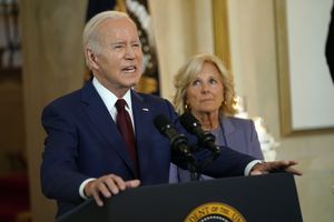President Joe Biden, accompanied by first lady Jill Biden, speaks on the one year anniversary of the school shooting in Uvalde, Texas, at the White House in Washington, Wednesday, May 24, 2023. (AP Photo/Andrew Harnik)