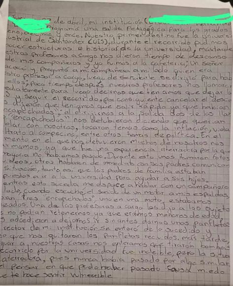 Carta de estudiante retenida por encapuchados.