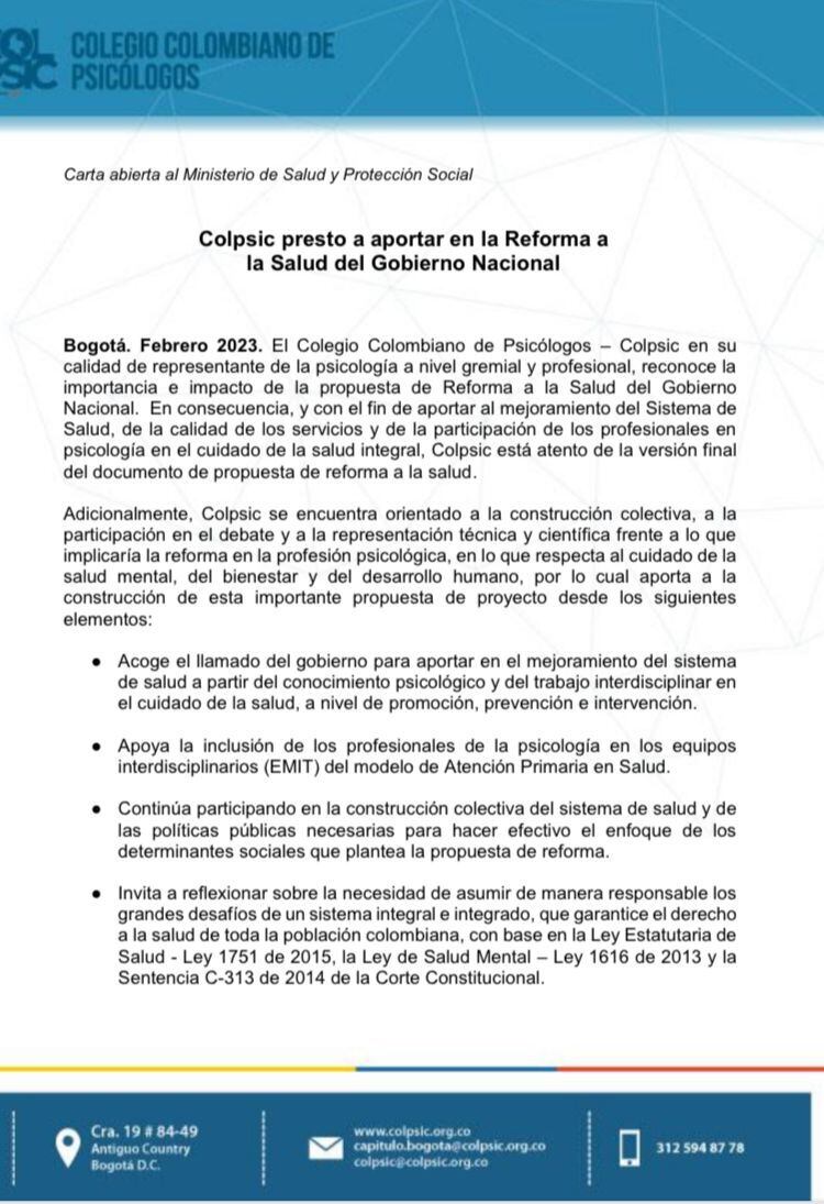 Carta abierta del Colegio Colombiano de Psicólogo, Colpsic.