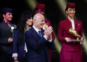 Soccer Football - FIFA World Cup Qatar 2022 - Final - Argentina v France - Lusail Stadium, Lusail, Qatar - December 18, 2022   FIFA president Gianni Infantino during the trophy ceremony REUTERS/Hannah Mckay