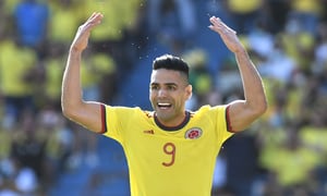 BARRANQUILLA, COLOMBIA - JANUARY 28: Radamel Falcao of Colombia reacts during a match between Colombia and Peru as part of FIFA World Cup Qatar 2022 Qualifiers at Roberto Melendez Metropolitan Stadium on January 28, 2022 in Barranquilla, Colombia. (Photo by Gabriel Aponte/Getty Images)