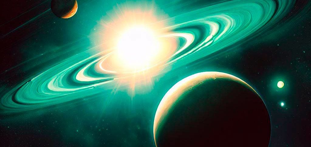 Ilustración de un sistema solar con un sol verde.