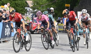 Ecuador's Richard Carapaz, 2nd left, wears the pink jersey of the overall leader as he competes in the 17th stage of the Cycling Giro D'Italia from Ponte Di Legno to Lavarone, northern Italy, Wednesday, May 25, 2022. (Fabio Ferrari/LaPresse via AP)Ecuador's Richard Carapaz, 2nd left, wears the pink jersey of the overall leader as he competes in the 17th stage of the Cycling Giro D'Italia from Ponte Di Legno to Lavarone, northern Italy, Wednesday, May 25, 2022. (Fabio Ferrari/LaPresse via AP)