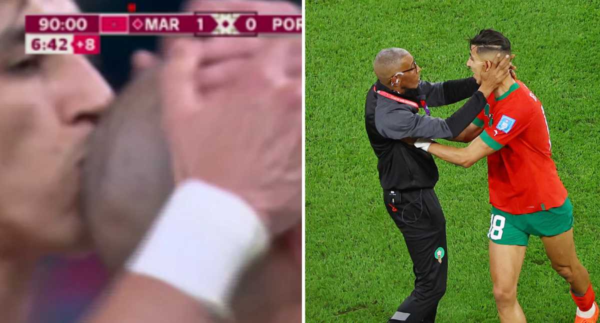 Jogador marroquino distribuiu beijos no Qatar 2022: primeiro a Pepe e depois na boca com o médico