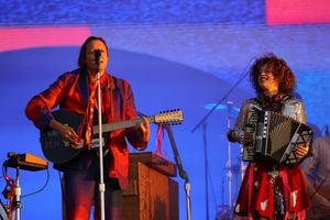 SANTIAGO, CHILE - MARCH 16: Win Butler and Régine Chassagne of Arcade Fire performs during day 2 of Lollapalooza 2024 at Parque Cerrillos on March 16, 2024 in Santiago, Chile. (Photo by Marcelo Hernandez/Getty Images)