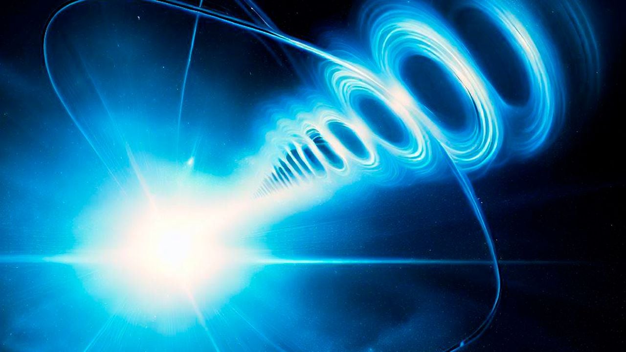 Ilustración de un objeto espacial emitiendo ondas de radio.