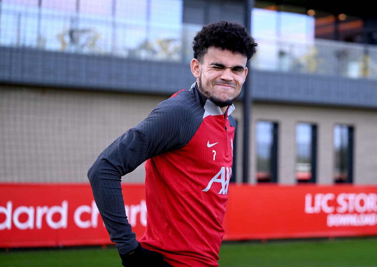 KIRKBY, ENGLAND - FEBRUARY 02: (THE SUN OUT, THE SUN ON SUNDAY OUT) Luis Diaz of Liverpool during a training session at AXA Training Centre on February 02, 2024 in Kirkby, England. (Photo by Andrew Powell/Liverpool FC via Getty Images)