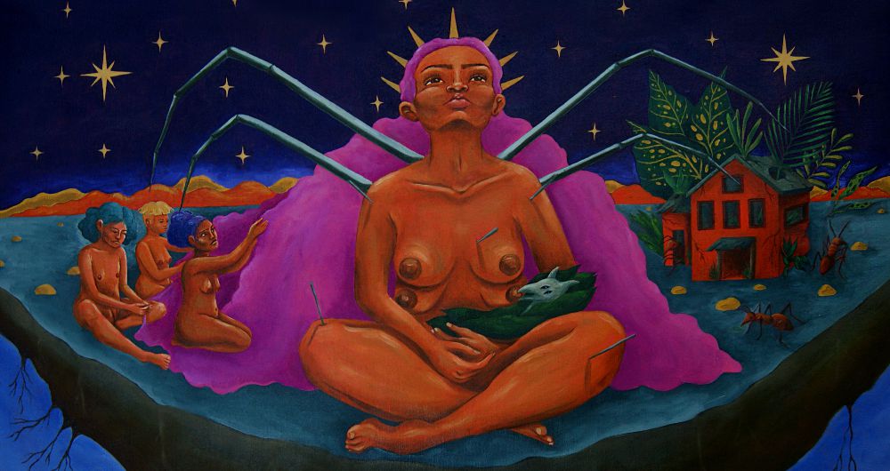 La obra de Sara Agustina, combina el surrealismo, la mitología y referentes precolombinos de figuras sin género o seres que tienen dos espiritus adentro.