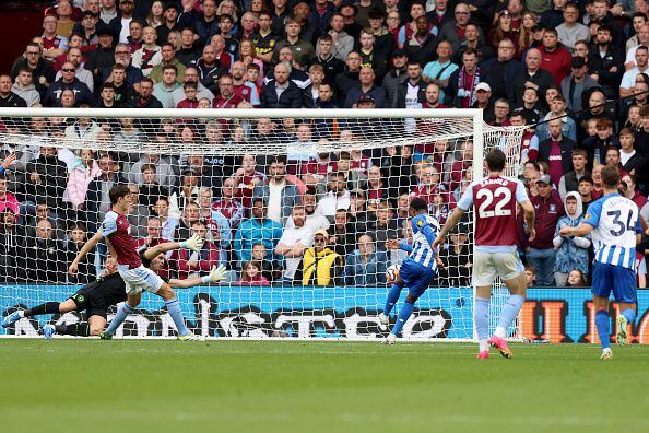 BIRMINGHAM, ENGLAND - SEPTEMBER 30: Ansu Fati of Brighton & Hove Albion scores the team's first goal during the Premier League match between Aston Villa and Brighton & Hove Albion at Villa Park on September 30, 2023 in Birmingham, England. (Photo by Nathan Stirk/Getty Images)