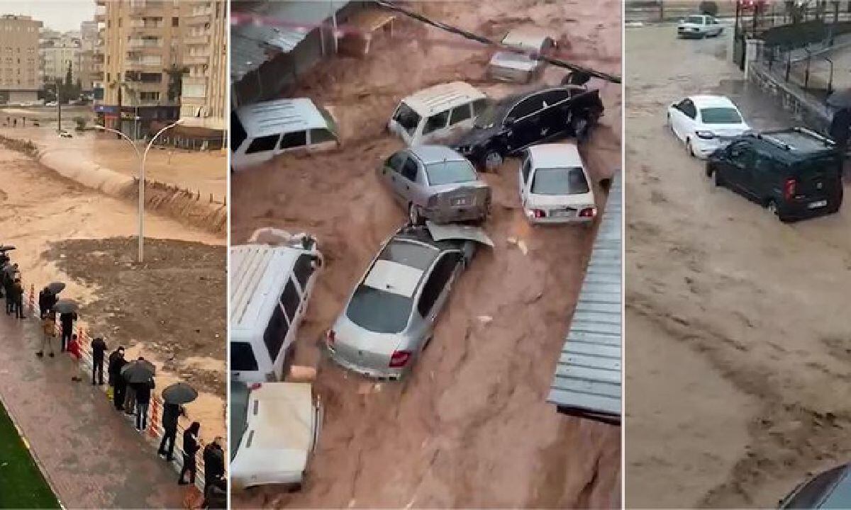 La fuerza del agua arrasa una importante cantidad de vehículos por las calles de Sanliurfa