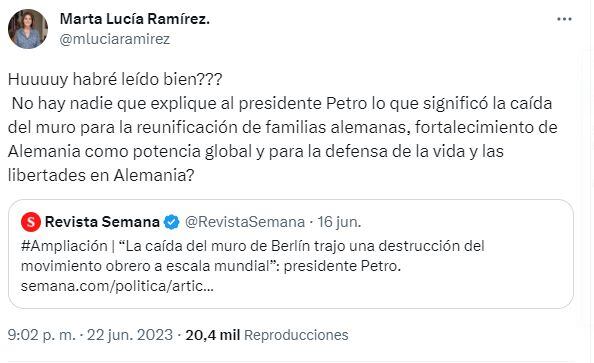 Trino de Marta Lucía Ramírez publicado el 22 de junio de 2023.