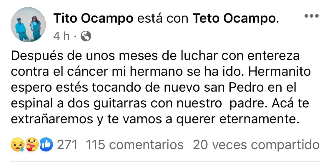 Hermano de Teto Ocampo confirma su fallecimiento en la madrugada del 27de septiembre del 2023