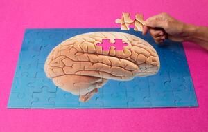 Mano de mujer a punto de completar el rompecabezas del modelo de cerebro humano sobre fondo azul y superficie magenta