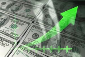 Gráfico económico: flecha verde ascendente y billetes de un dólar.