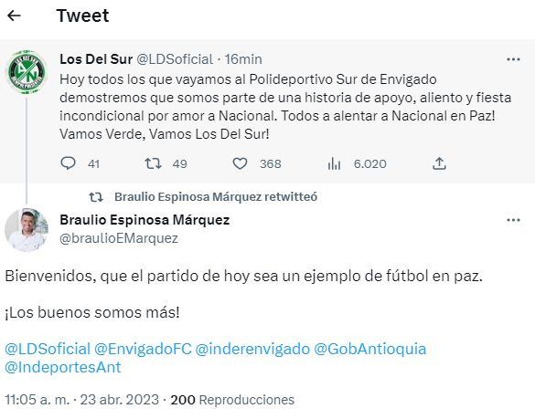 Los del Sur y Braulio Espinosa, alcalde de Envigado. Foto: Captura de pantalla Twitter